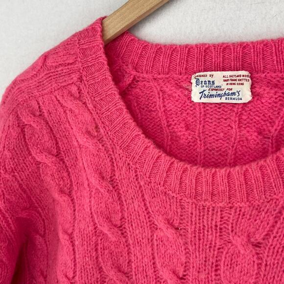 DEANS OF SCOTLAND Sweater S TRIMINGHAMS BERMUDA Cable Shetland Wool Pink HK VTG - Picture 8 of 13